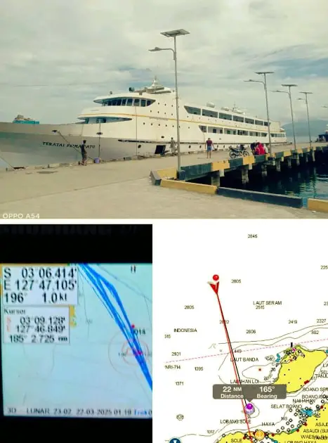 KRI Madidihang-855 Gugus Keamanan Laut Koarmada III TNI AL berhasil mengevakuasi kapal penumpang KMP Teratai Prima 1 yang mengalami kerusakan mesin dan hanyut di perairan sekitar Pulau Kelang, Laut Seram, Provinsi Maluku pada Sabtu, (22/3/2025). Foto: Dispenkoarmada3-01